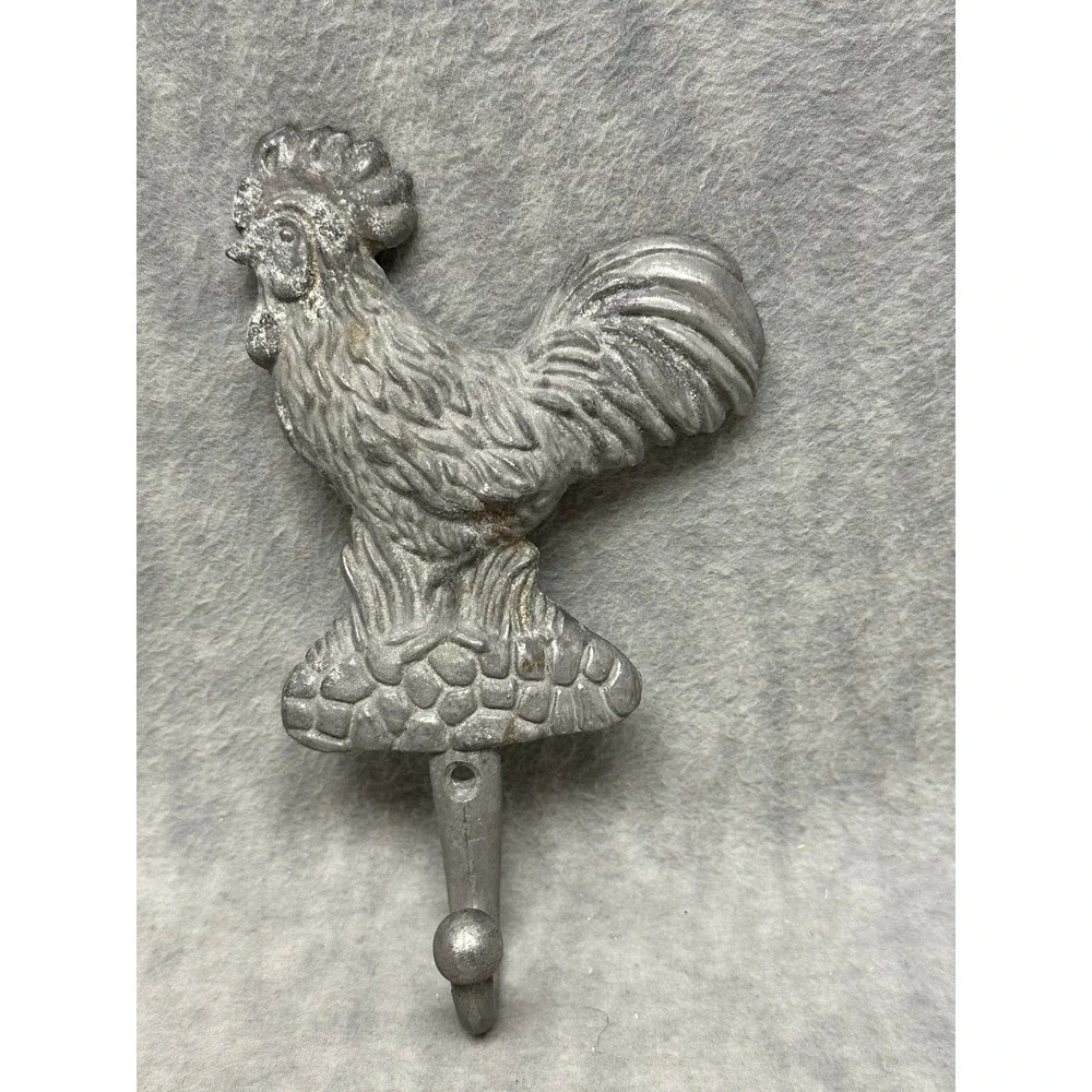 VTG Unbranded‎ Vintage Rooster Wall Hook Home Decor Silver Cast Metal Farmhouse